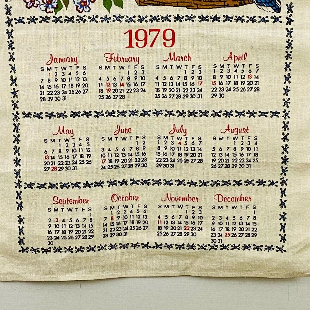 Vtg 1979 Calendar Tea Towel Birds‎ Cardinal Robin Finch Jay Linen 17x27 Display